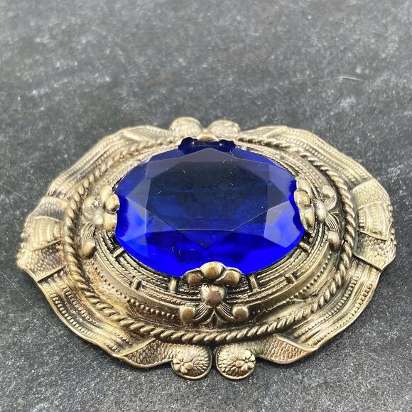 ANTIQUE Cobalt blue glass and aged silver tone metal brooch ~ Big Edwardian pin - Picture 7 of 10